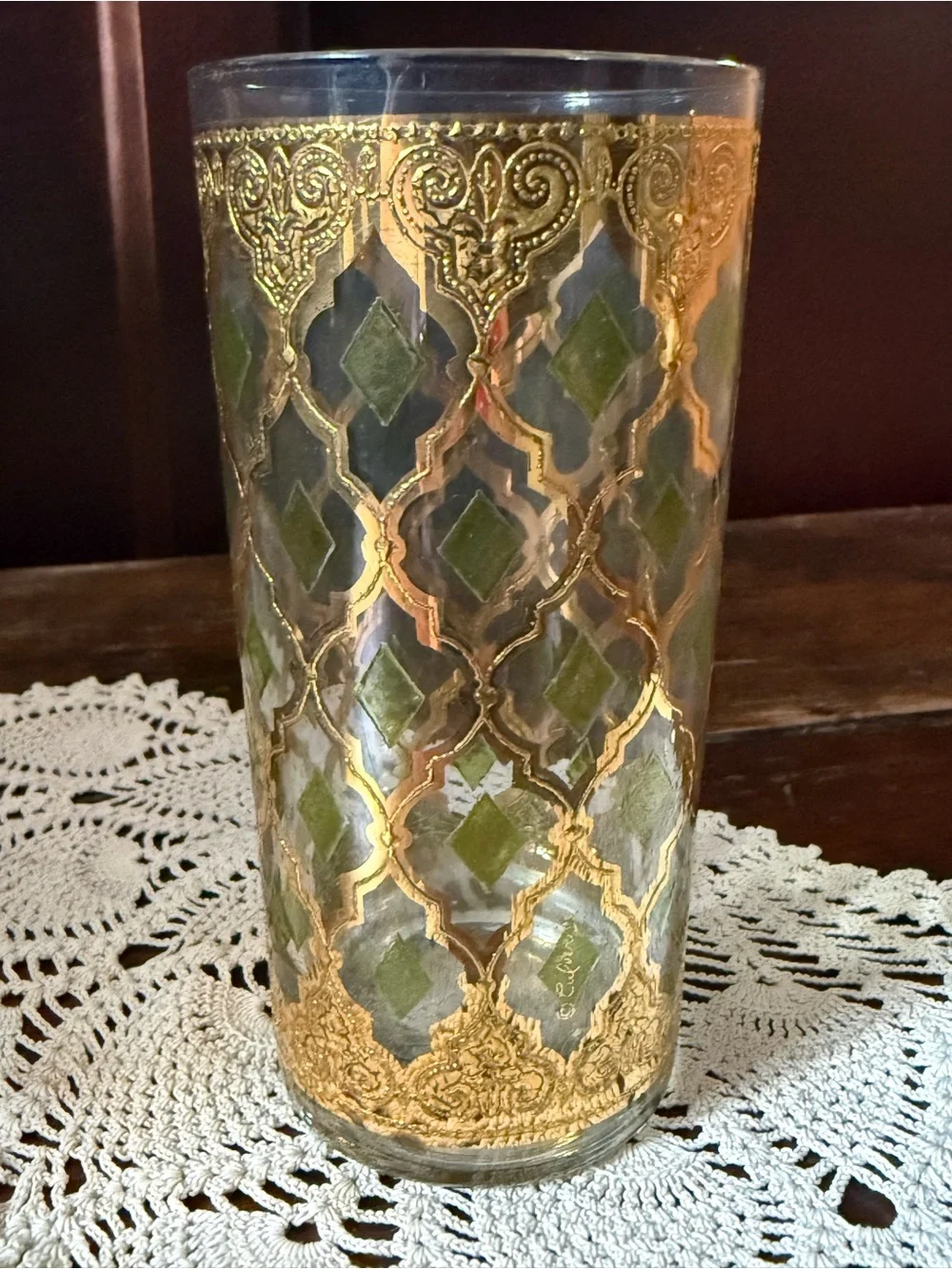 MCM Culver Valencia Pattern High Ball Glass with Gold and Green
